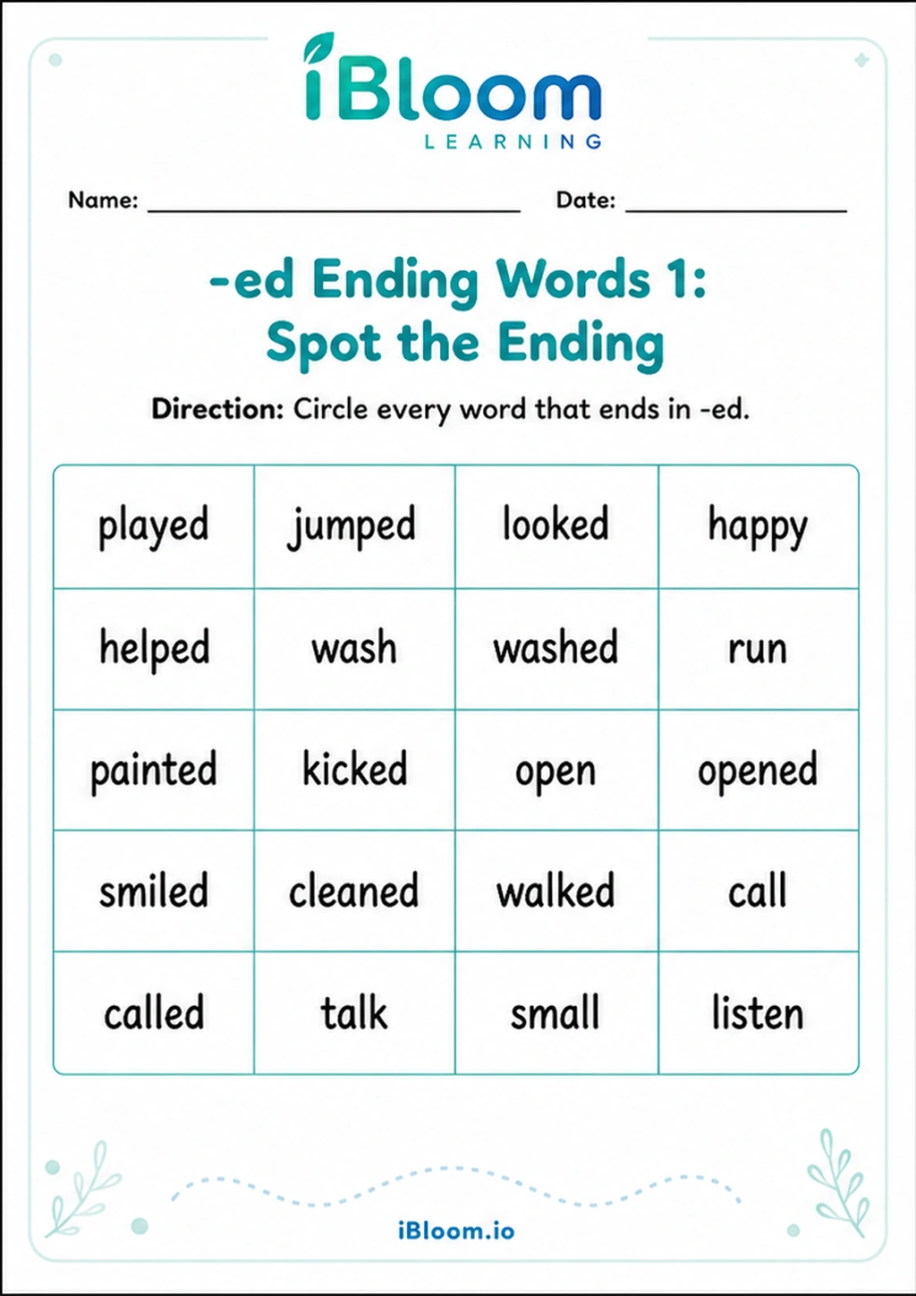 Preview of -ed Words 1: Spot the Ending worksheet