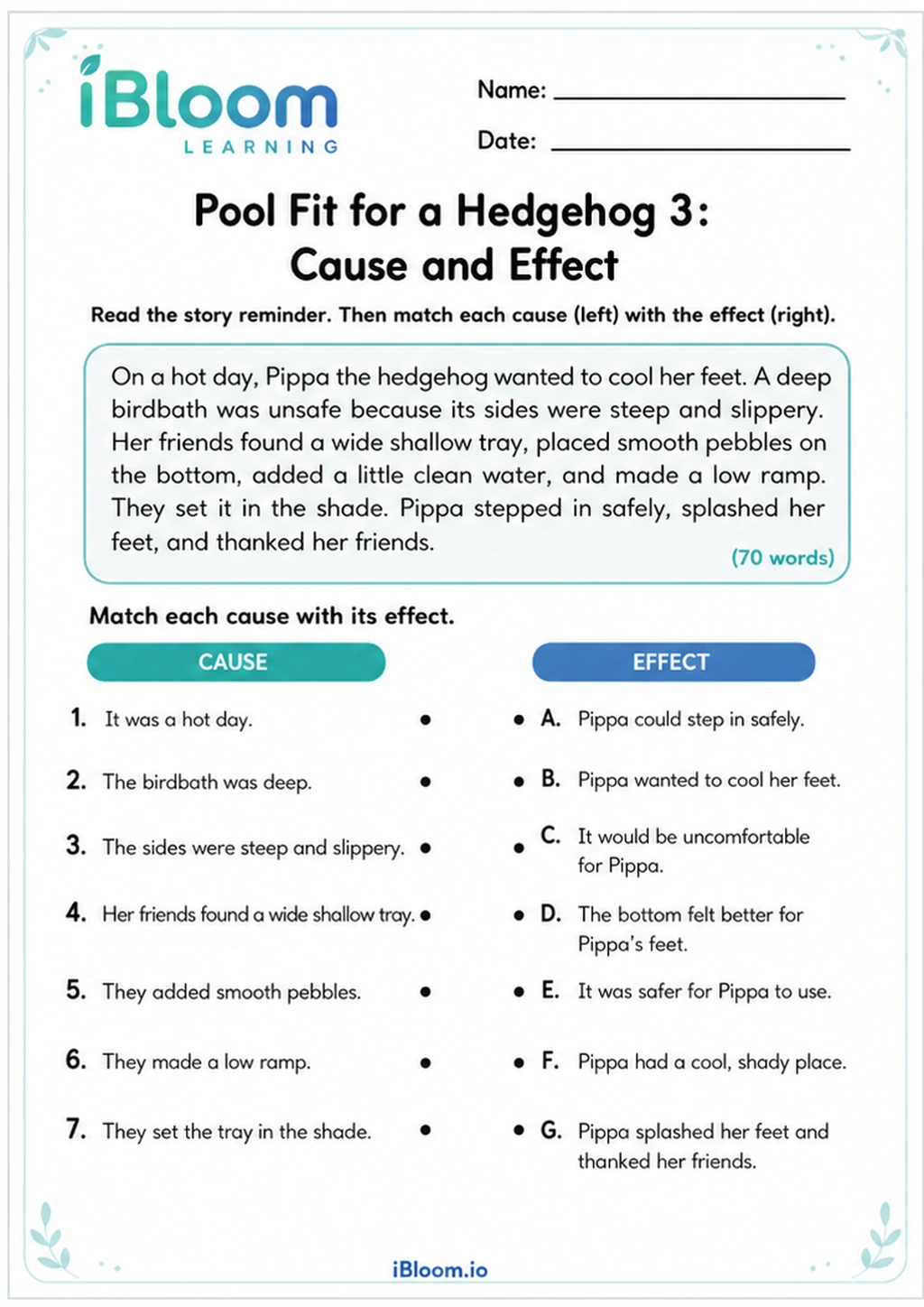 Pool Fit for a Hedgehog 3: Cause and Effect printable Class 4 worksheet
