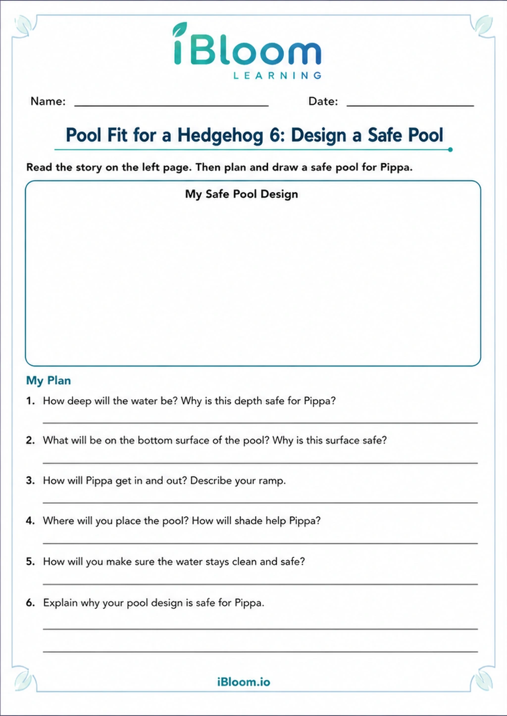 Preview of Pool Fit for a Hedgehog 6: Design a Safe Pool worksheet
