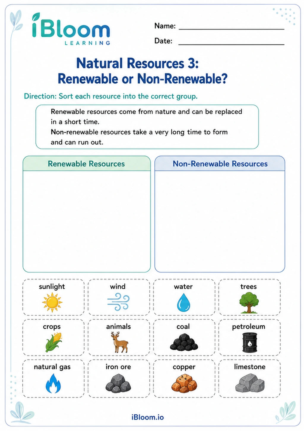 Natural Resources 3: Renewable or Non-Renewable? printable Class 3 worksheet