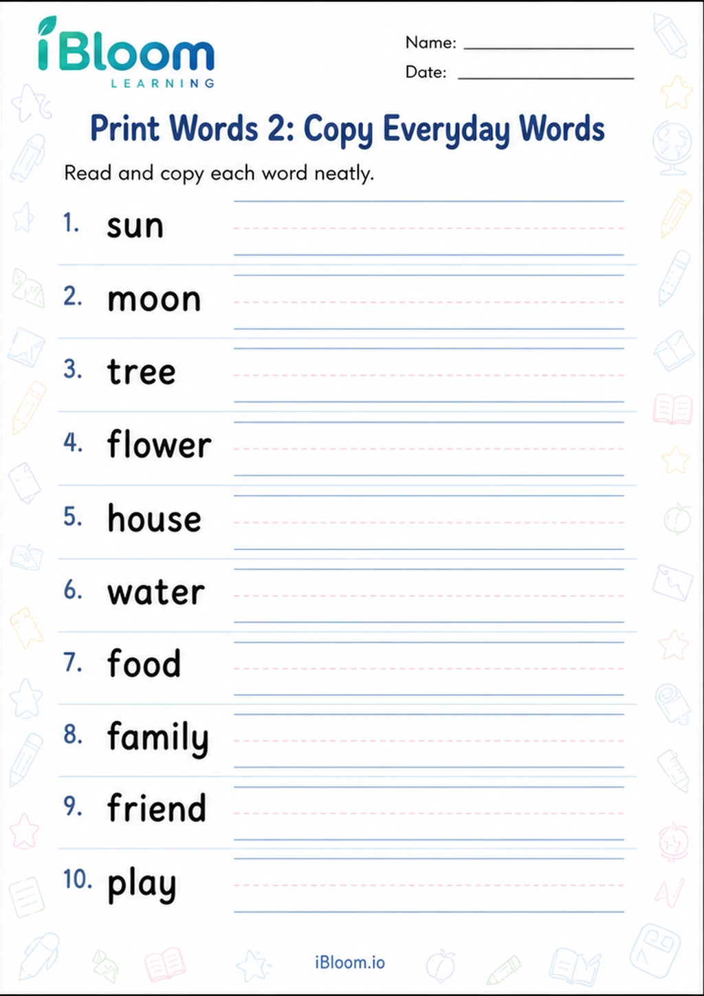 Print Words 2: Copy Everyday Words printable Class 1 worksheet