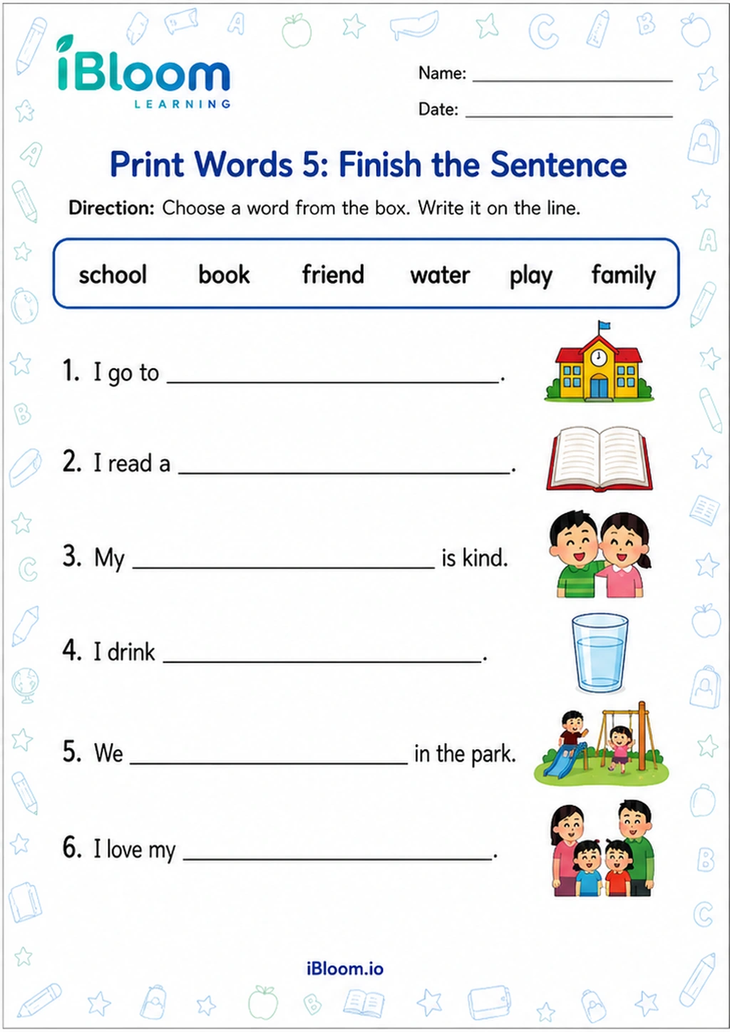 Preview of Print Words 5: Finish the Sentence worksheet