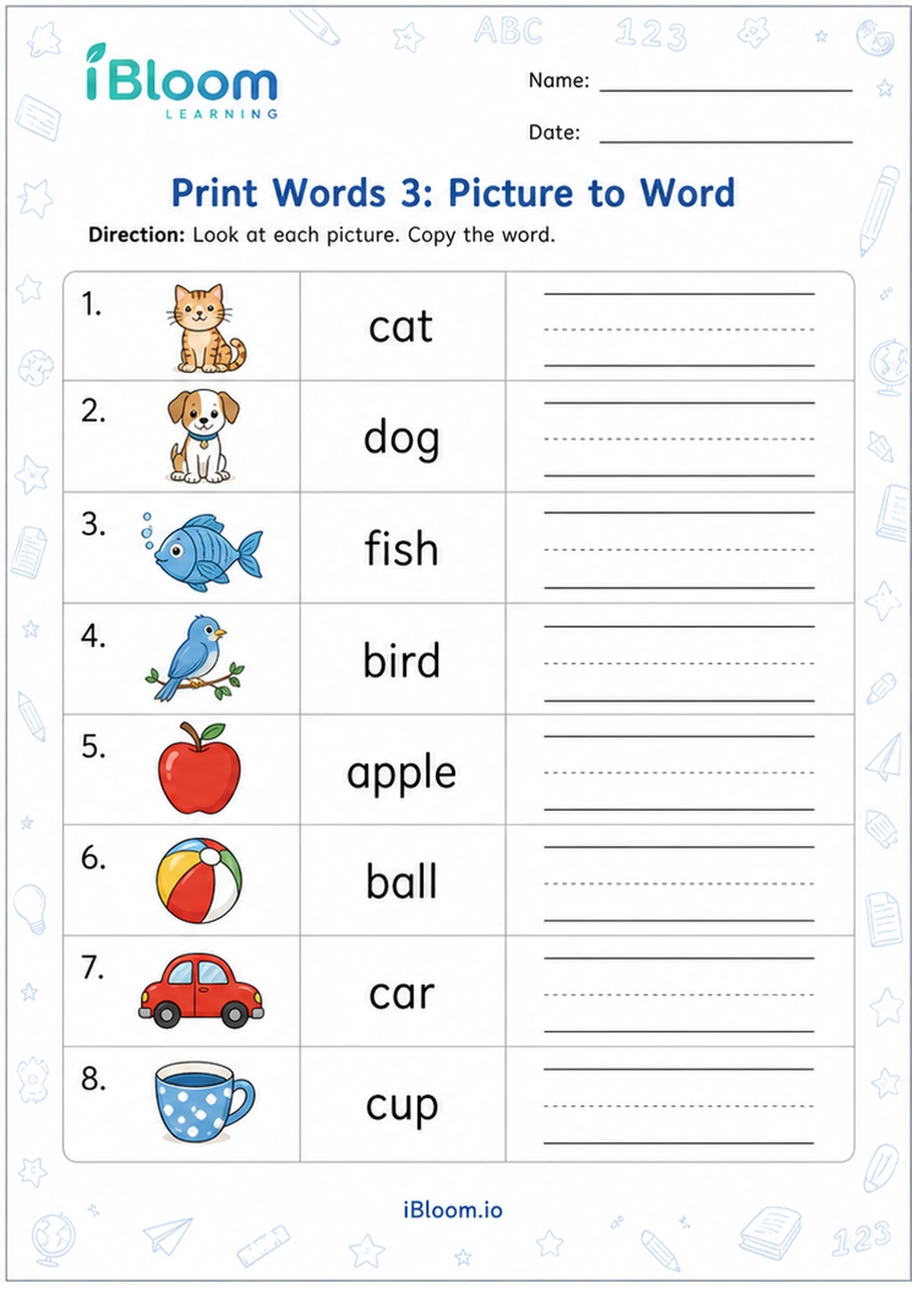 Preview of Print Words 3: Picture to Word worksheet