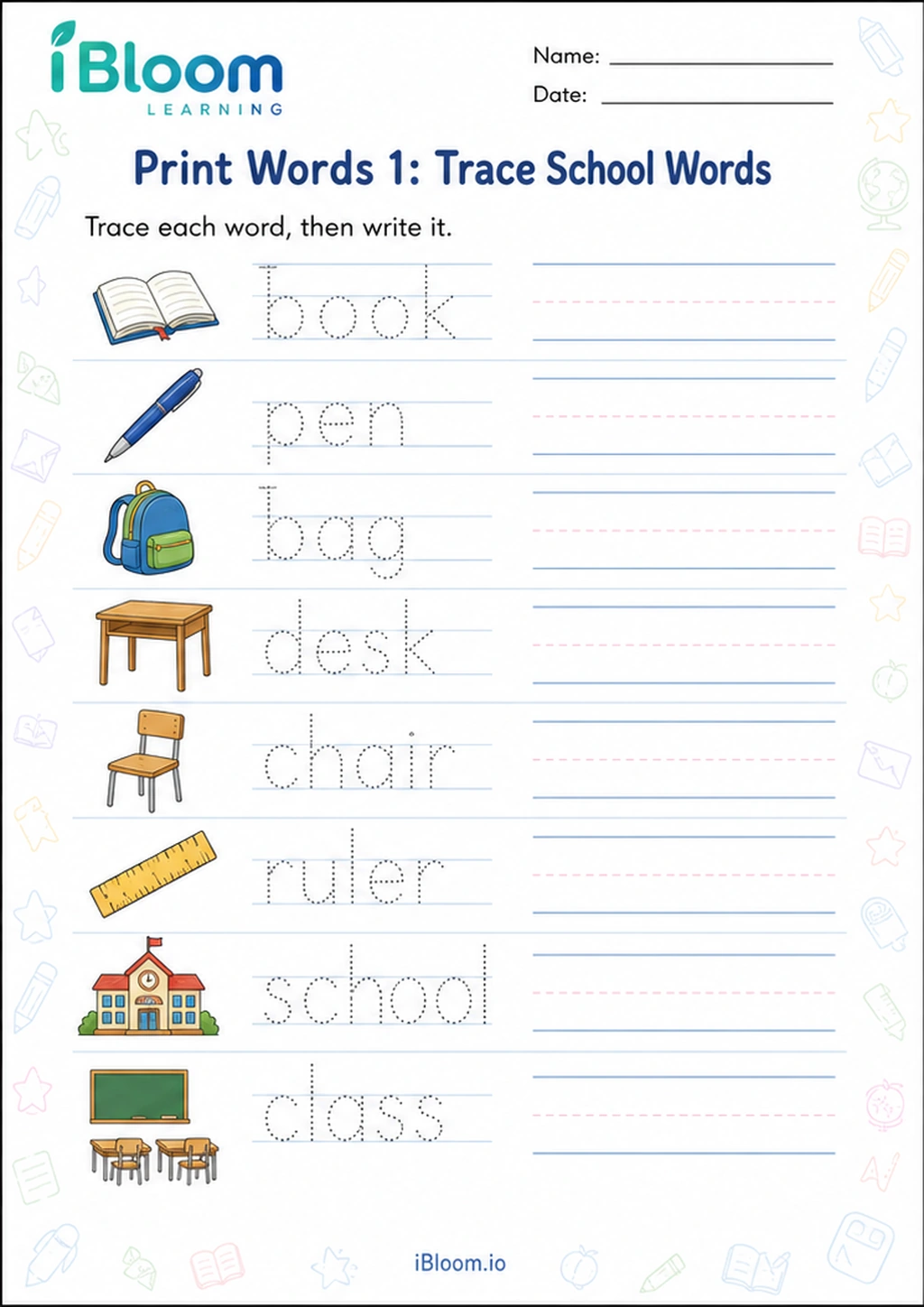 Print Words 1: Trace School Words printable Class 1 worksheet