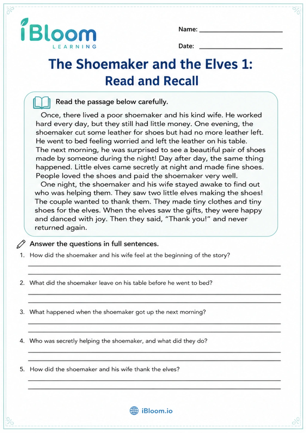 Preview of The Shoemaker and the Elves 1: Read and Recall worksheet