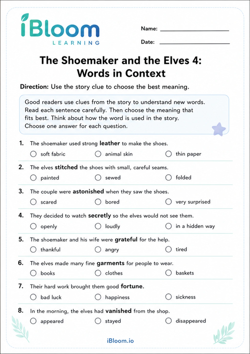 The Shoemaker and the Elves 4: Words in Context printable Class 3 worksheet