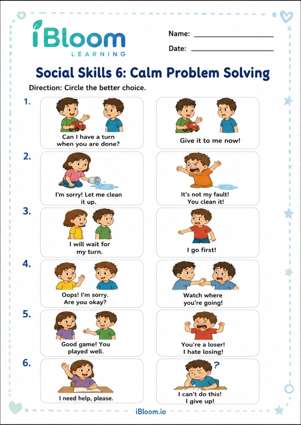 Social Skills 6: Calm Problem Solving printable Nursery LKG UKG worksheet
