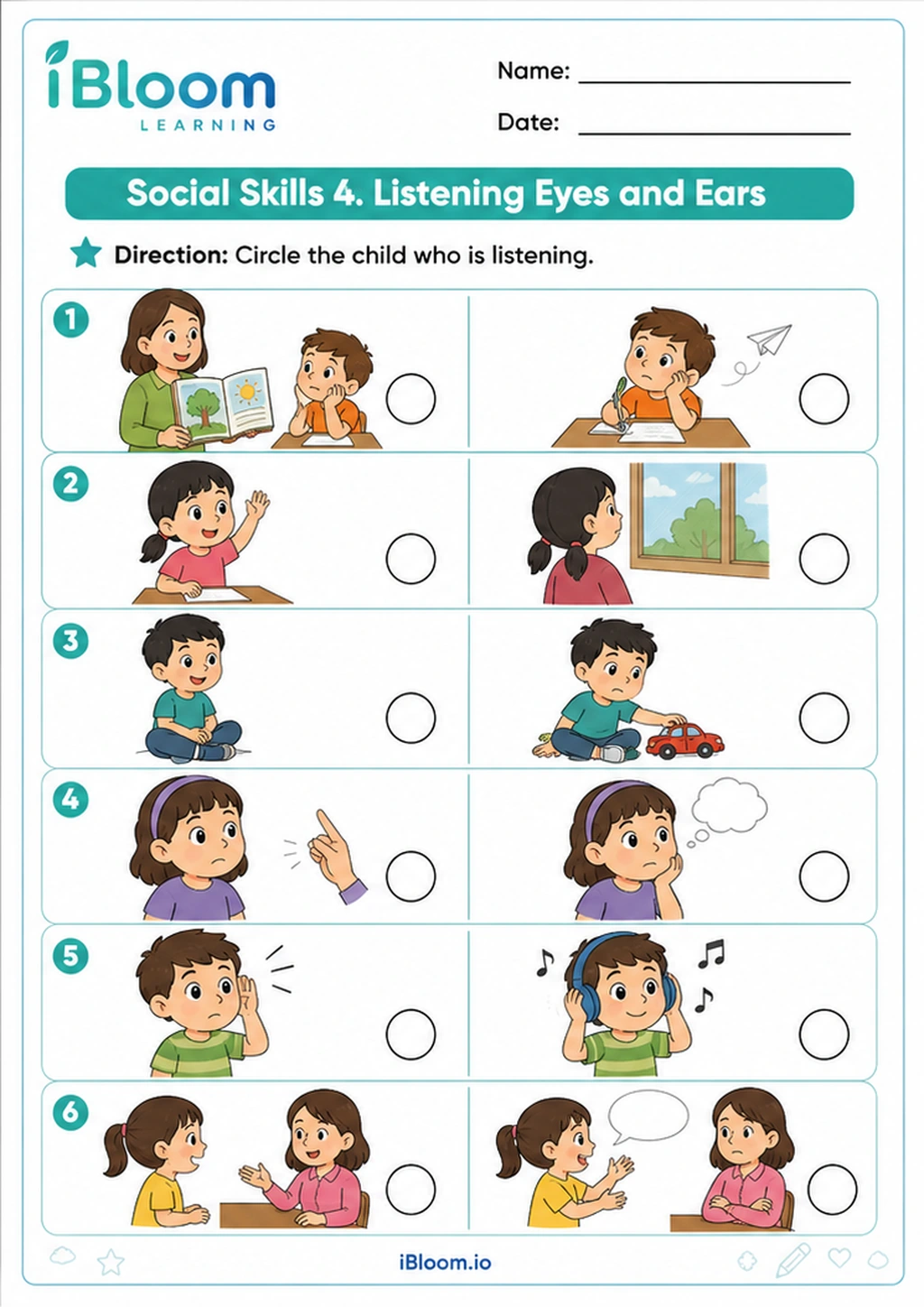 Preview of Social Skills 4: Listening Eyes and Ears worksheet
