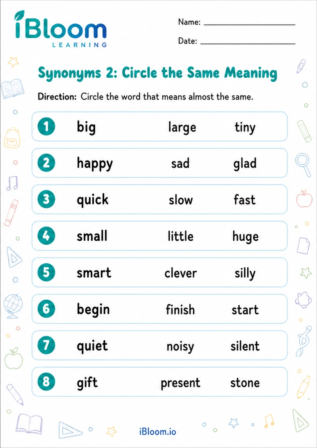 Preview of Synonyms 2: Circle the Same Meaning worksheet