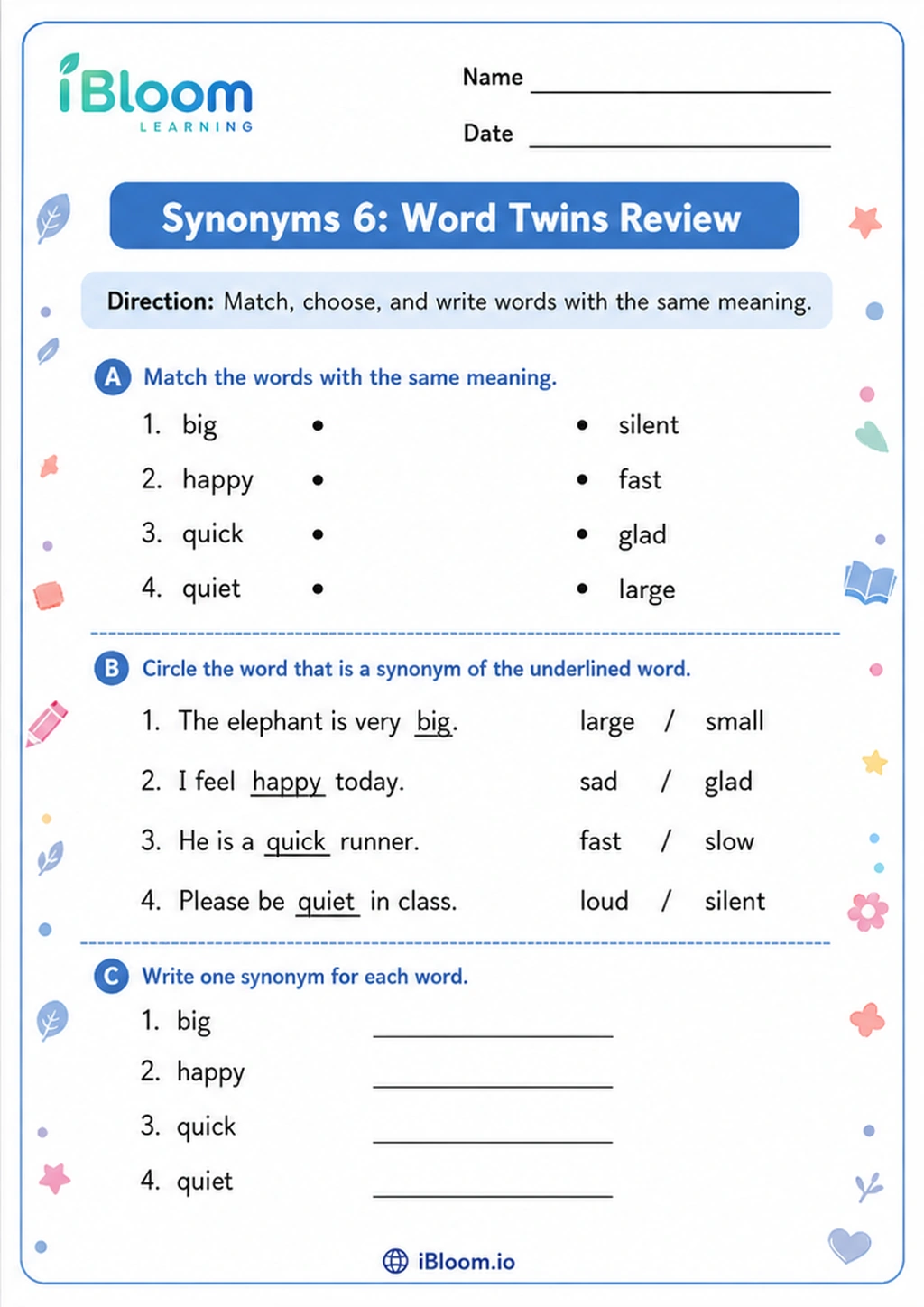 Synonyms 6: Word Twins Review printable Class 1 worksheet