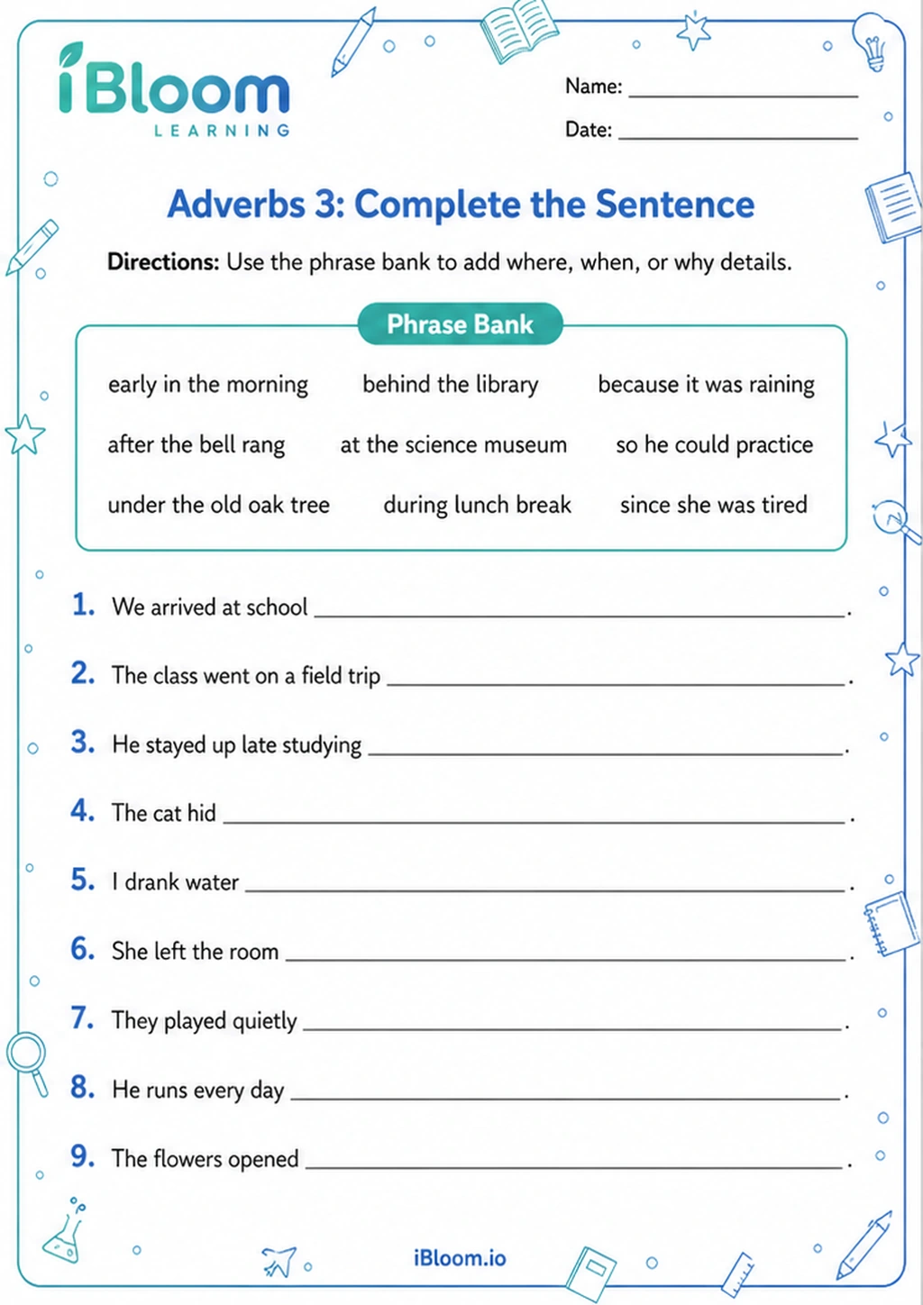 Adverbs 3: Complete the Sentence printable Class 4 worksheet