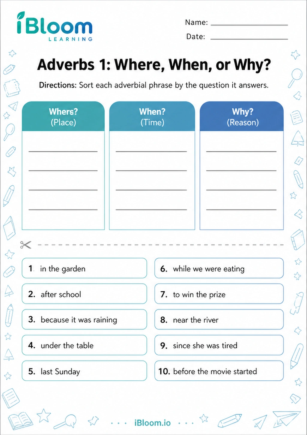 Adverbs 1: Where, When, or Why? printable Class 4 worksheet