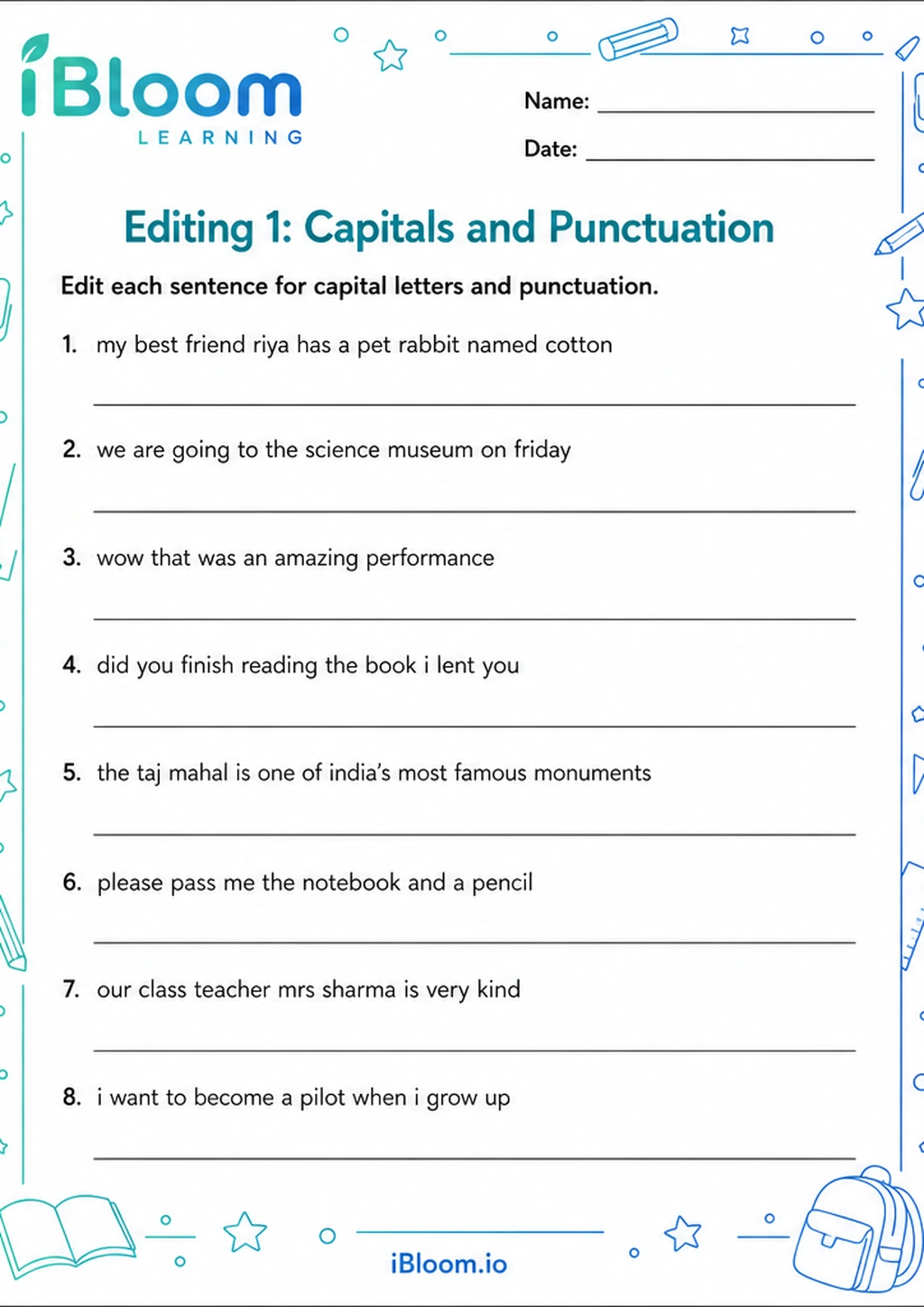 Editing 1: Capitals and Punctuation printable Class 5 worksheet