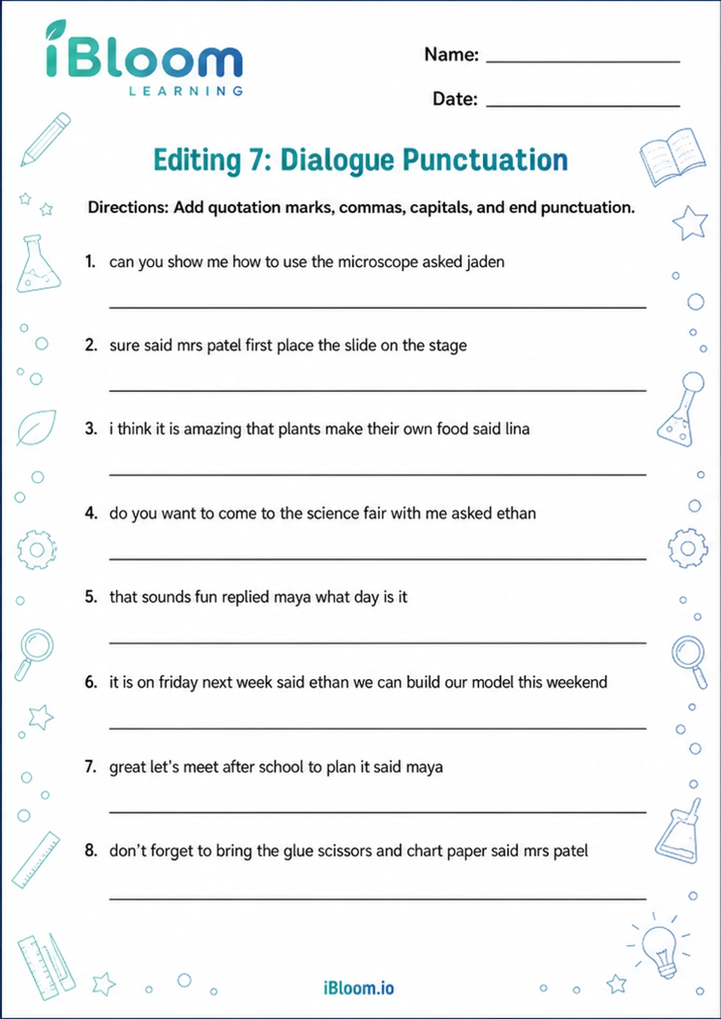 Editing 7: Dialogue Punctuation printable Class 5 worksheet