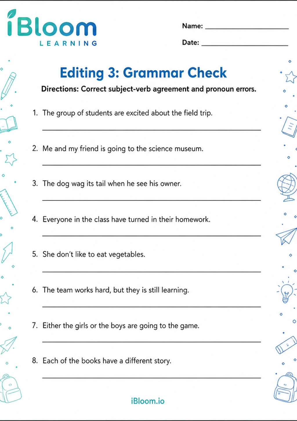 Editing 3: Grammar Check printable Class 5 worksheet