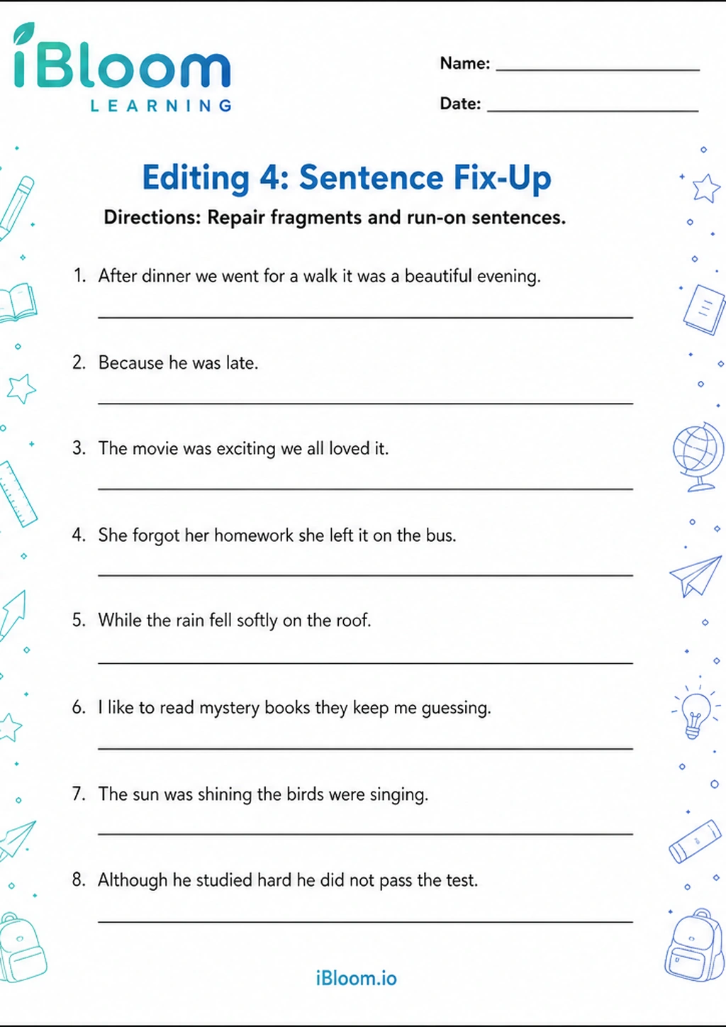 Editing 4: Sentence Fix-Up printable Class 5 worksheet