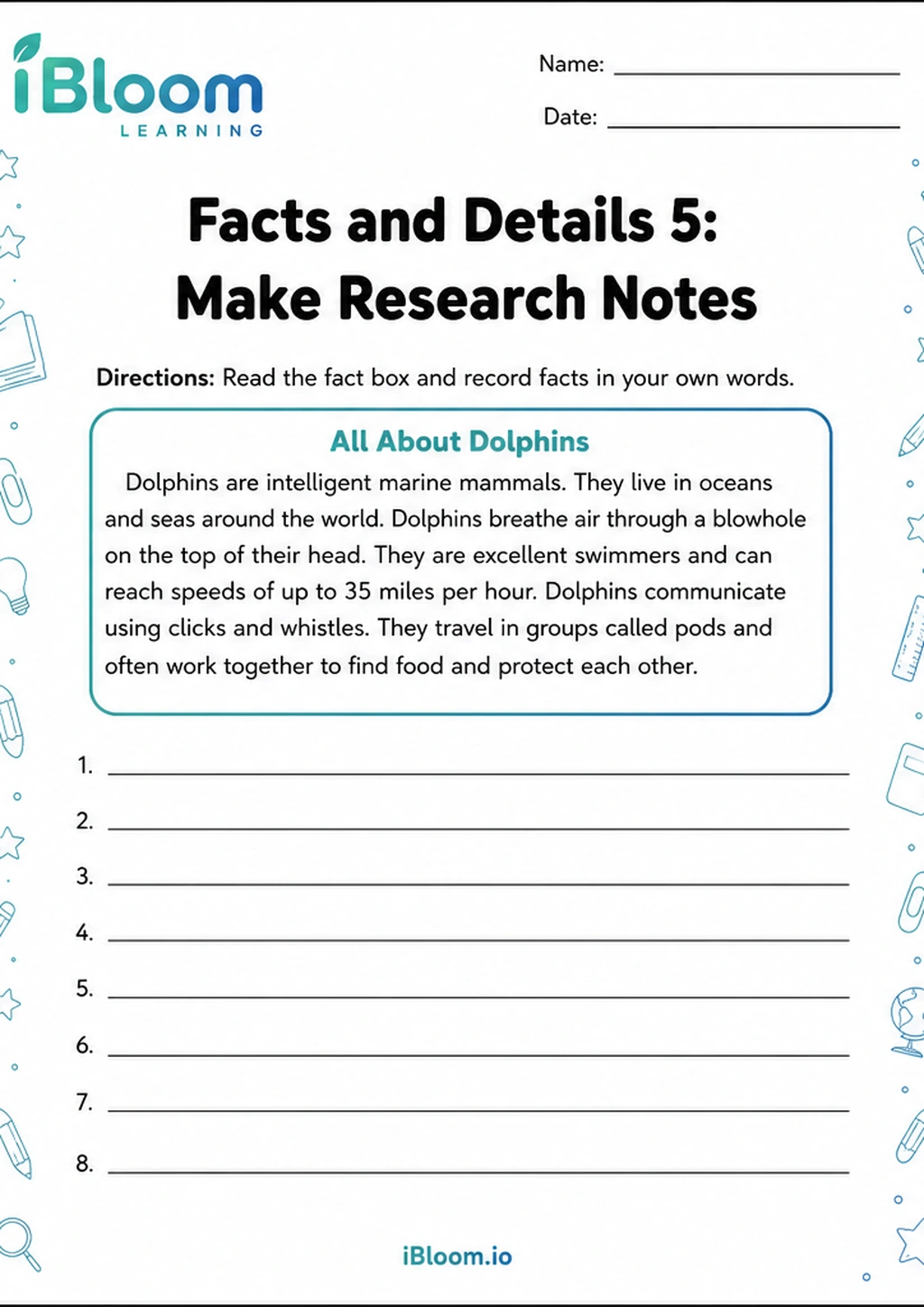 Preview of Facts and Details 5: Make Research Notes worksheet