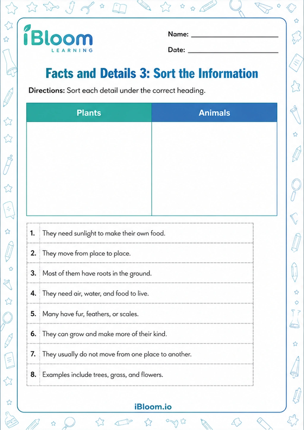 Facts and Details 3: Sort the Information printable Class 3 worksheet