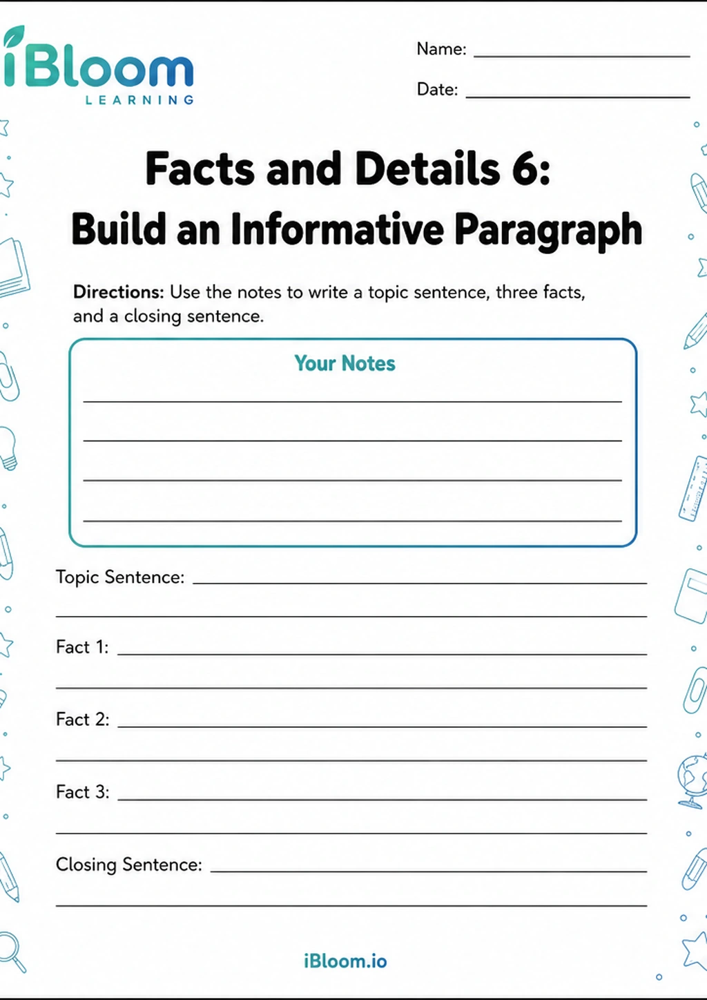 Facts and Details 6: Build an Informative Paragraph printable Class 3 worksheet