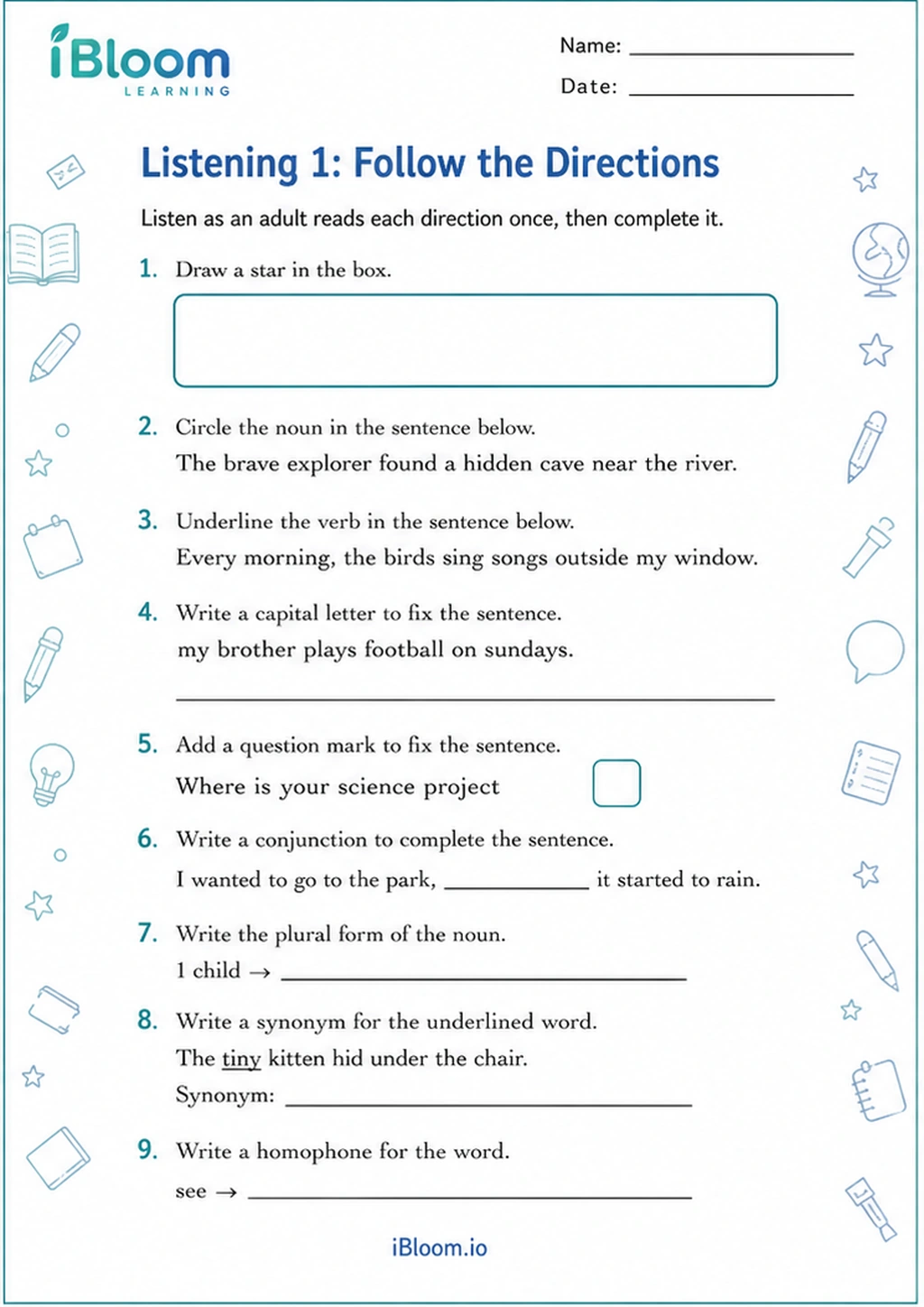 Preview page 1 of Listening 1: Follow the Directions