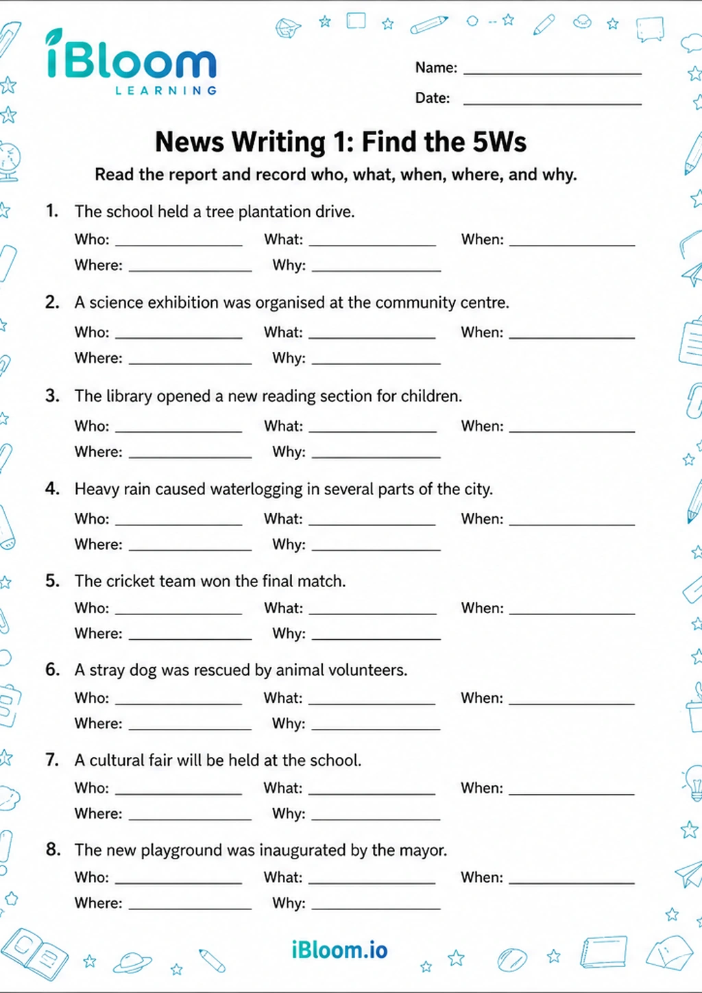Preview of News Writing 1: Find the 5Ws worksheet