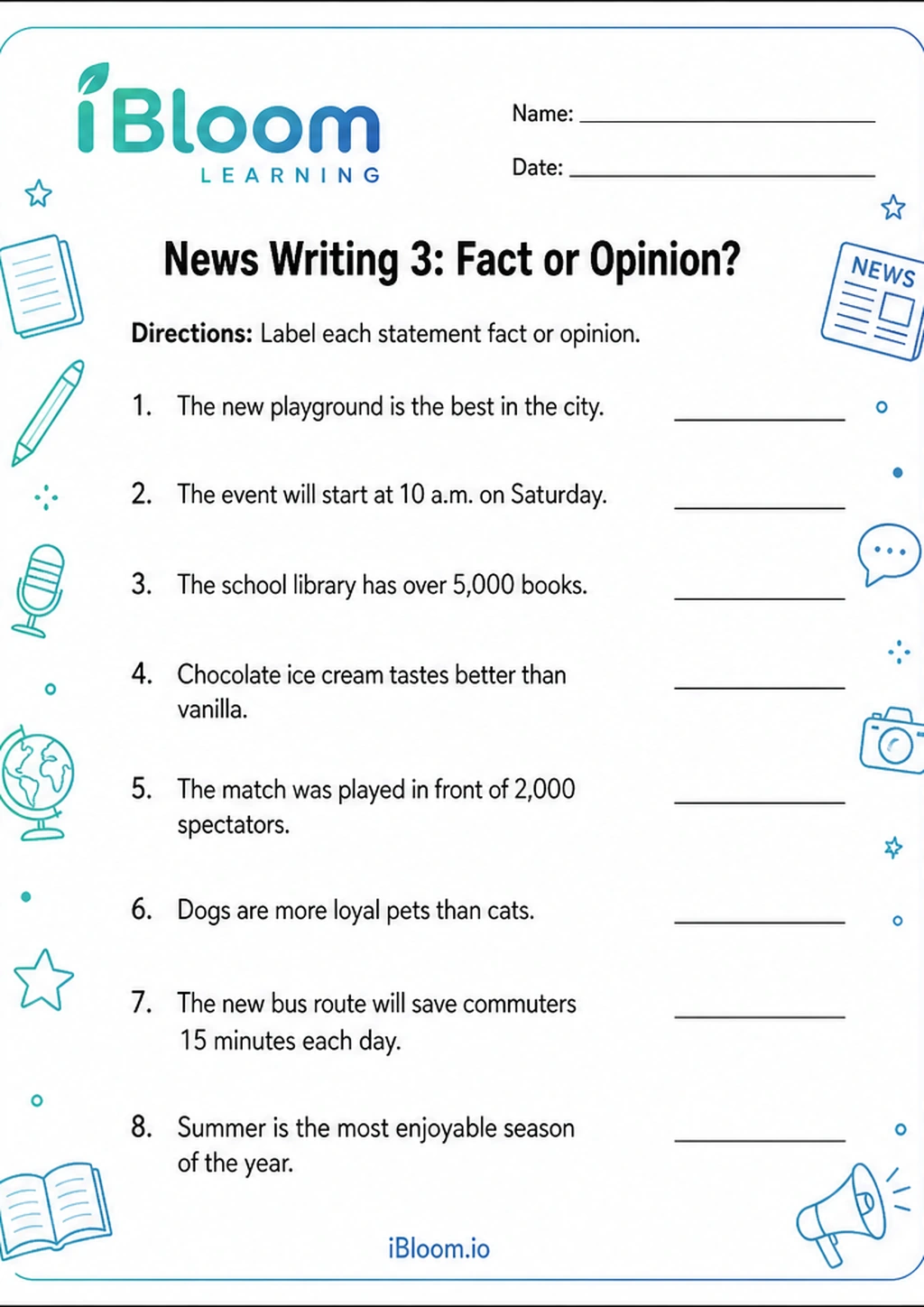 Preview of News Writing 3: Fact or Opinion? worksheet