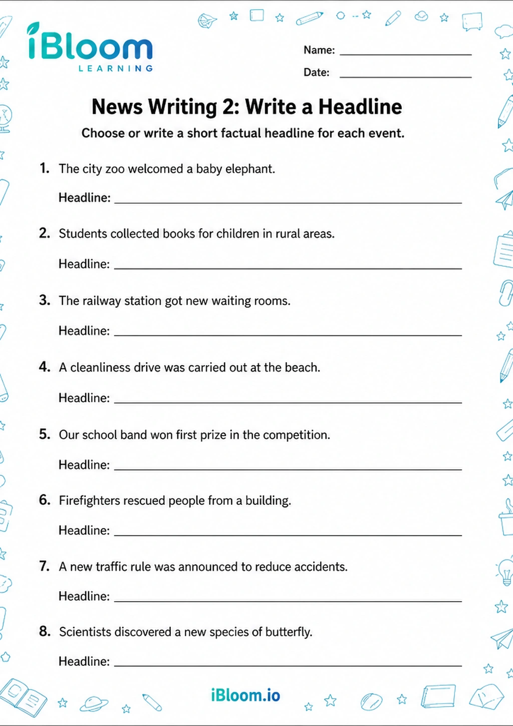 News Writing 2: Write a Headline printable Class 4 worksheet