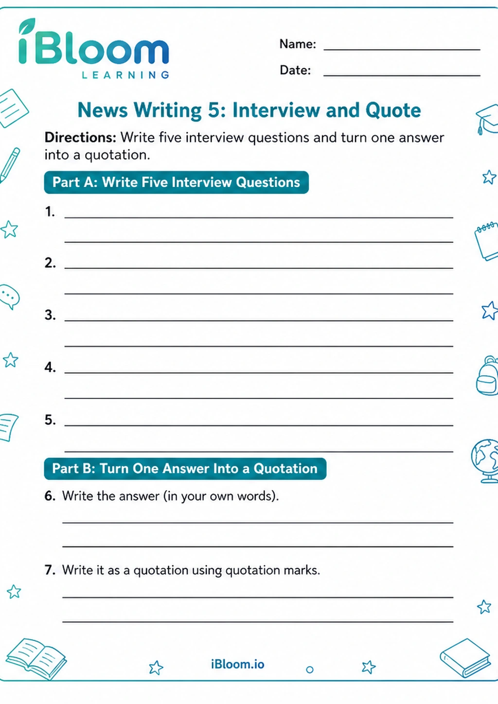 Preview of News Writing 5: Interview and Quote worksheet