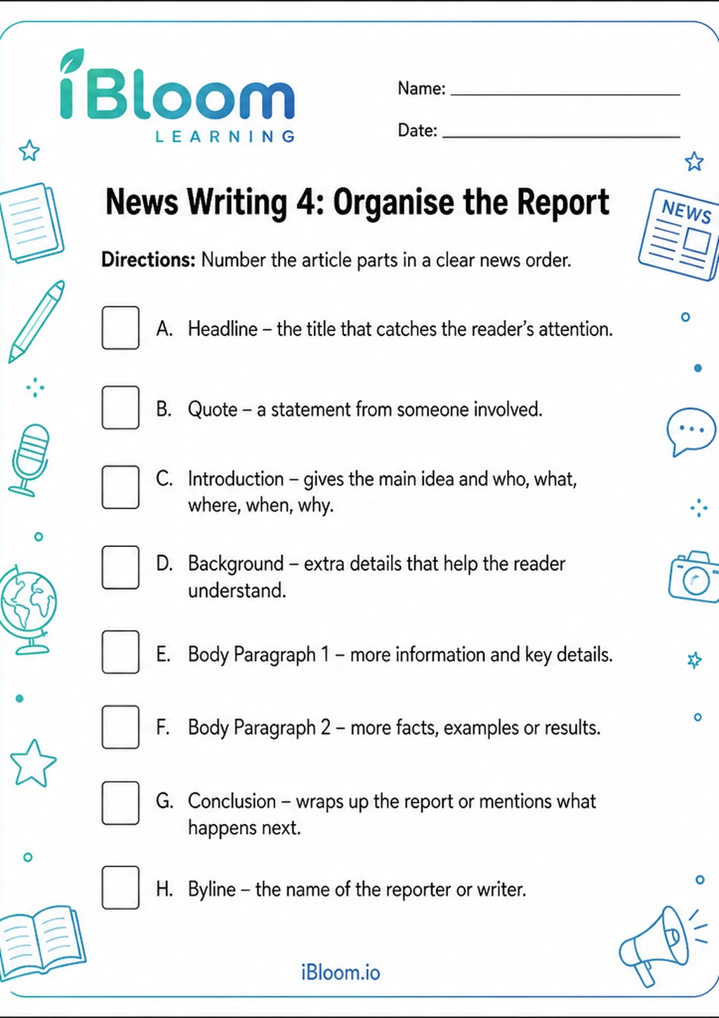 News Writing 4: Organise the Report printable Class 4 worksheet