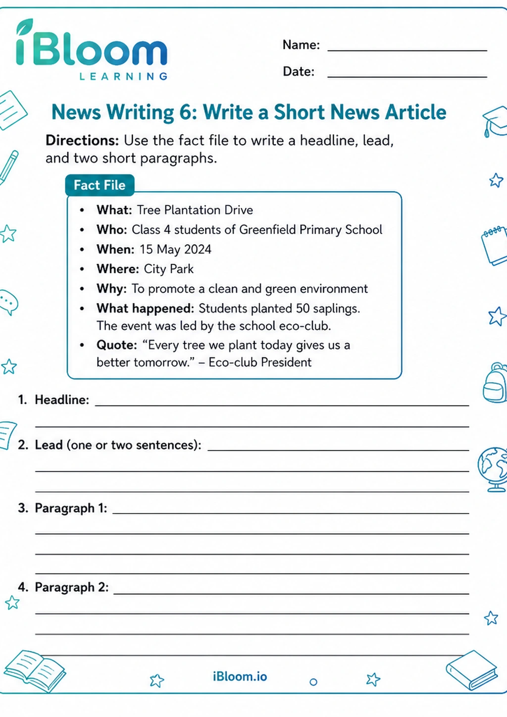 Preview of News Writing 6: Write a Short News Article worksheet