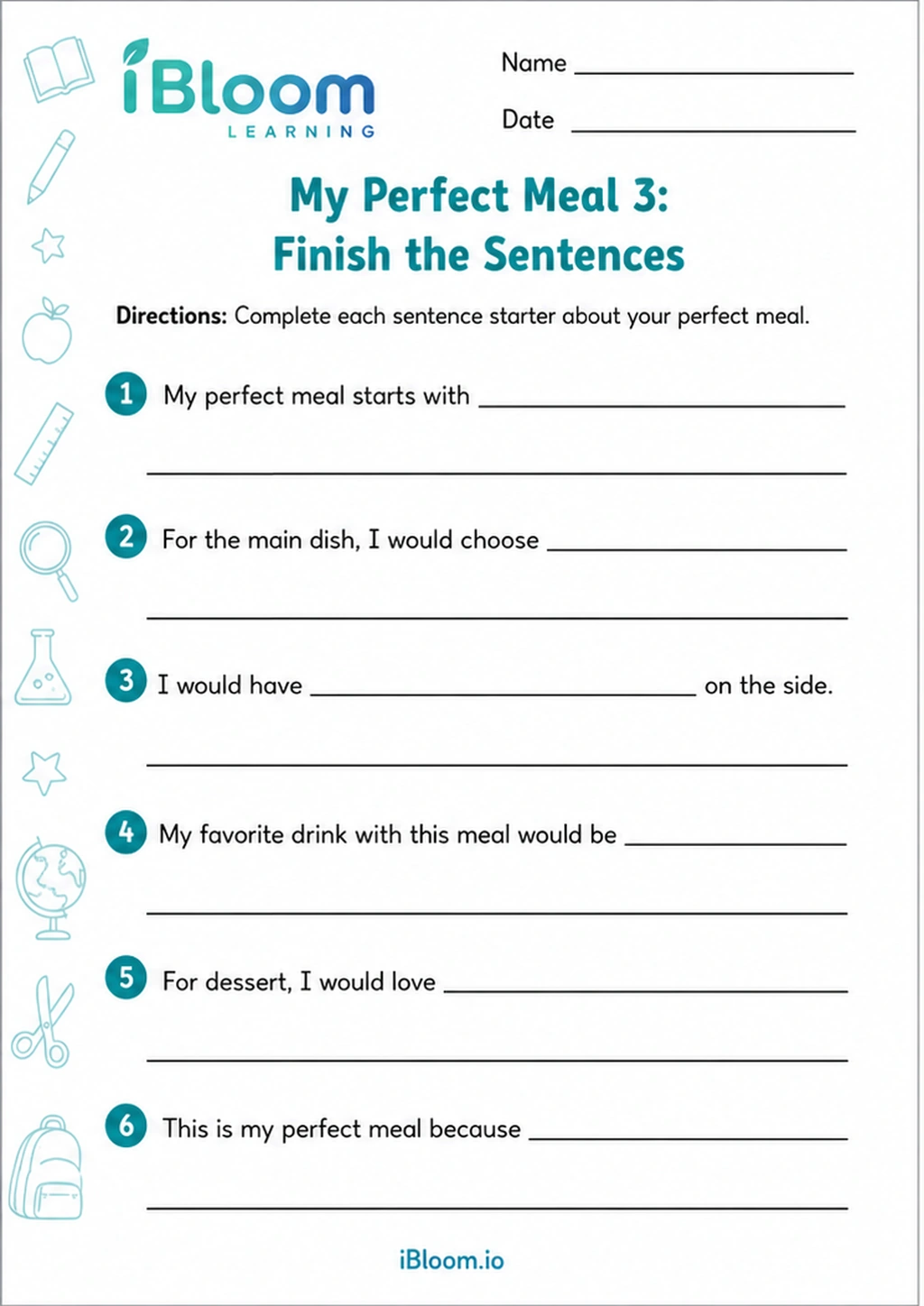 Preview page 1 of My Perfect Meal 3: Finish the Sentences
