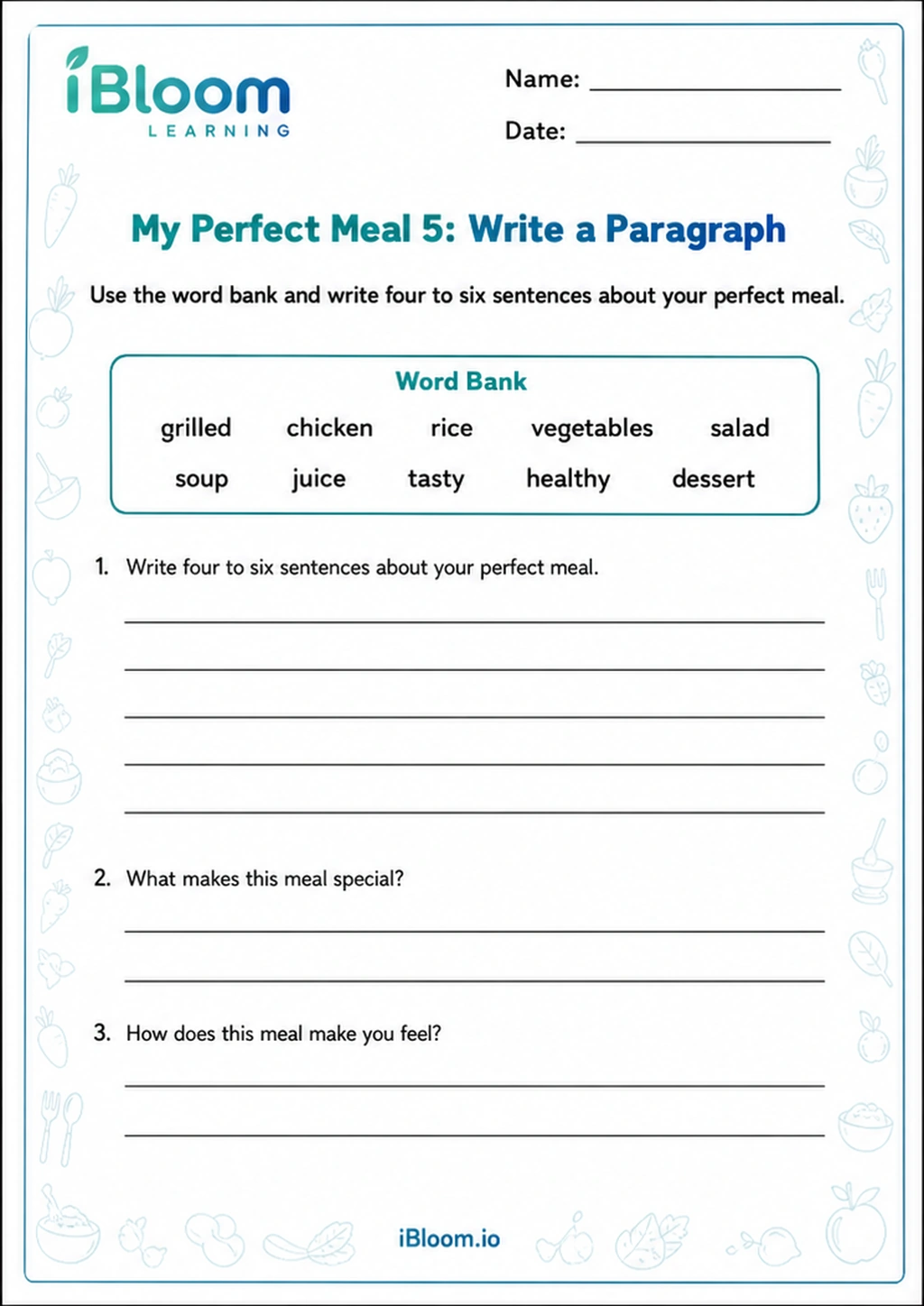 Preview page 1 of My Perfect Meal 5: Write a Paragraph