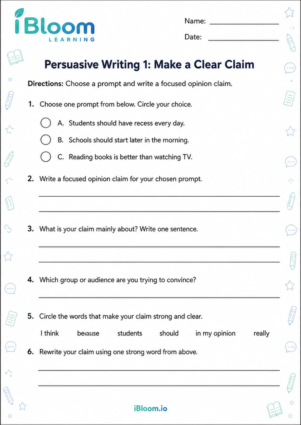 Preview of Persuasive Writing 1: Make a Clear Claim worksheet