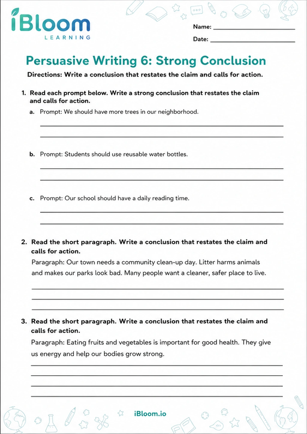 Persuasive Writing 6: Strong Conclusion printable Class 5 worksheet