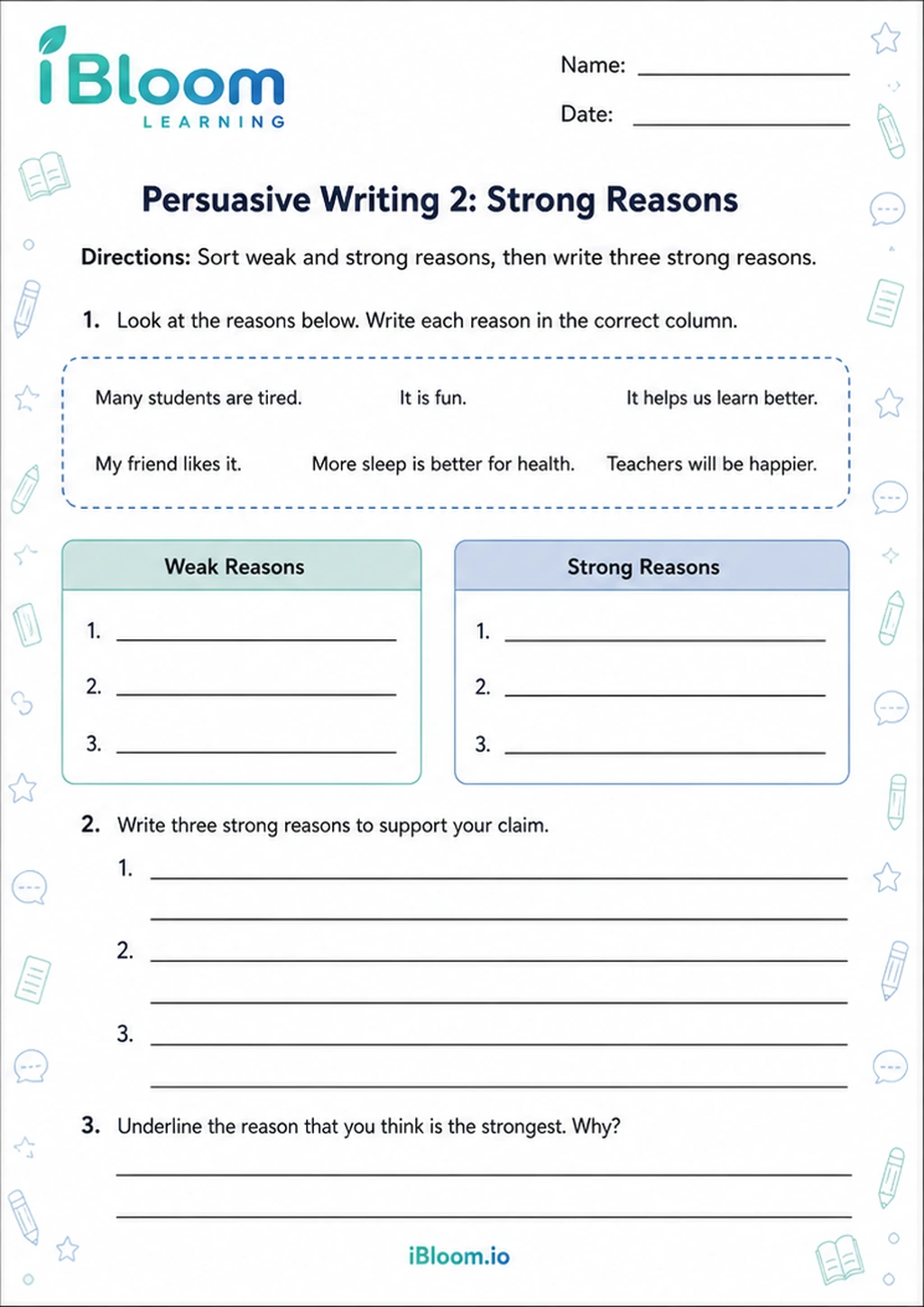 Preview of Persuasive Writing 2: Strong Reasons worksheet