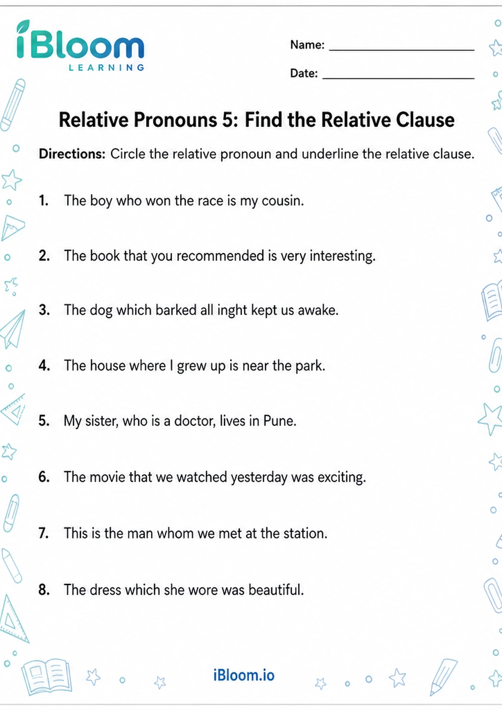 Relative Pronouns 5: Find the Relative Clause printable Class 4 worksheet