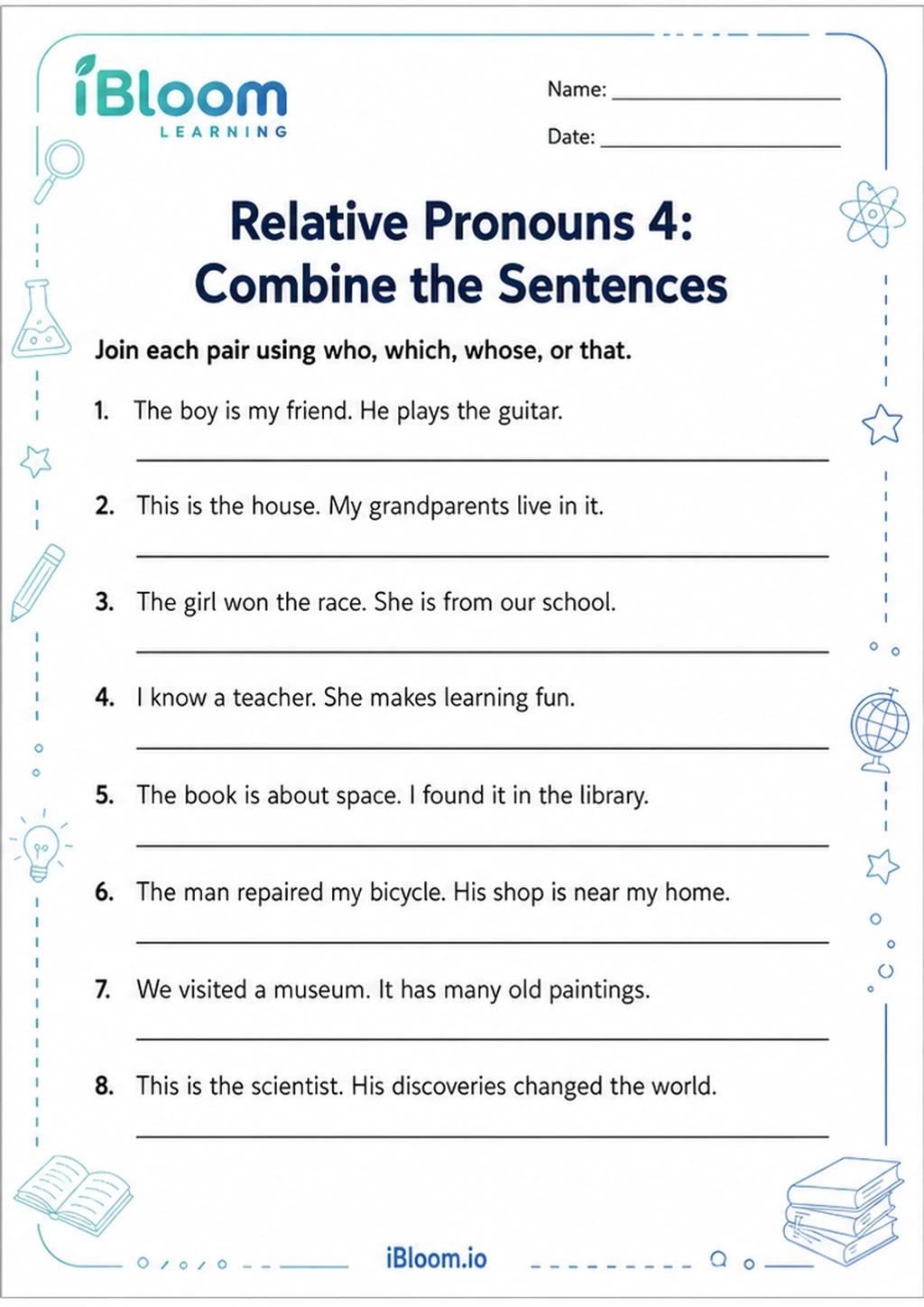 Preview page 1 of Relative Pronouns 4: Combine the Sentences