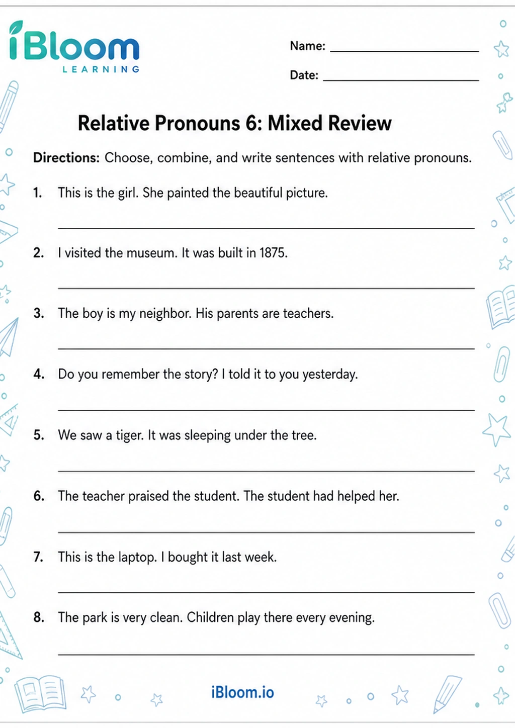 Preview page 1 of Relative Pronouns 6: Mixed Review