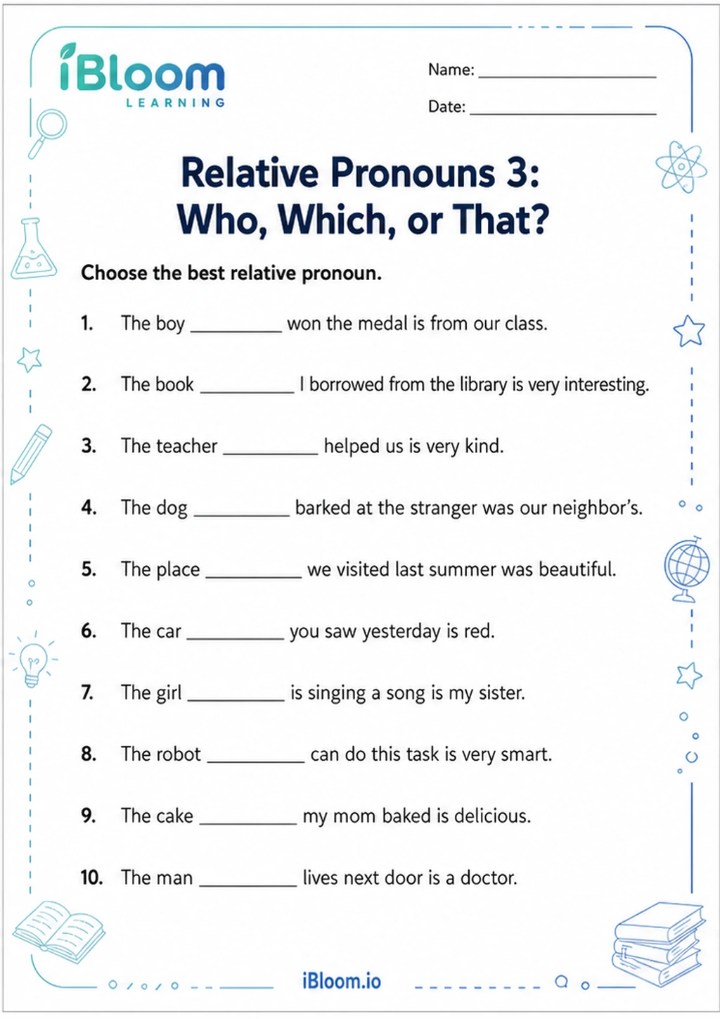 Relative Pronouns 3: Who, Which, or That? printable Class 4 worksheet