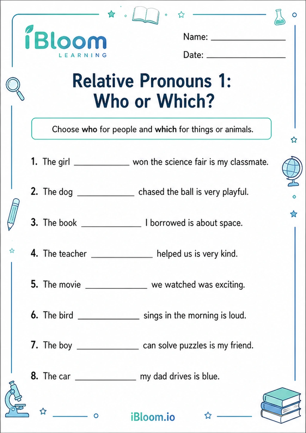 Preview of Relative Pronouns 1: Who or Which? worksheet