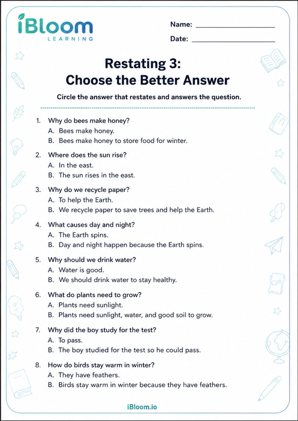 Restating 3: Choose the Better Answer printable Class 4 worksheet