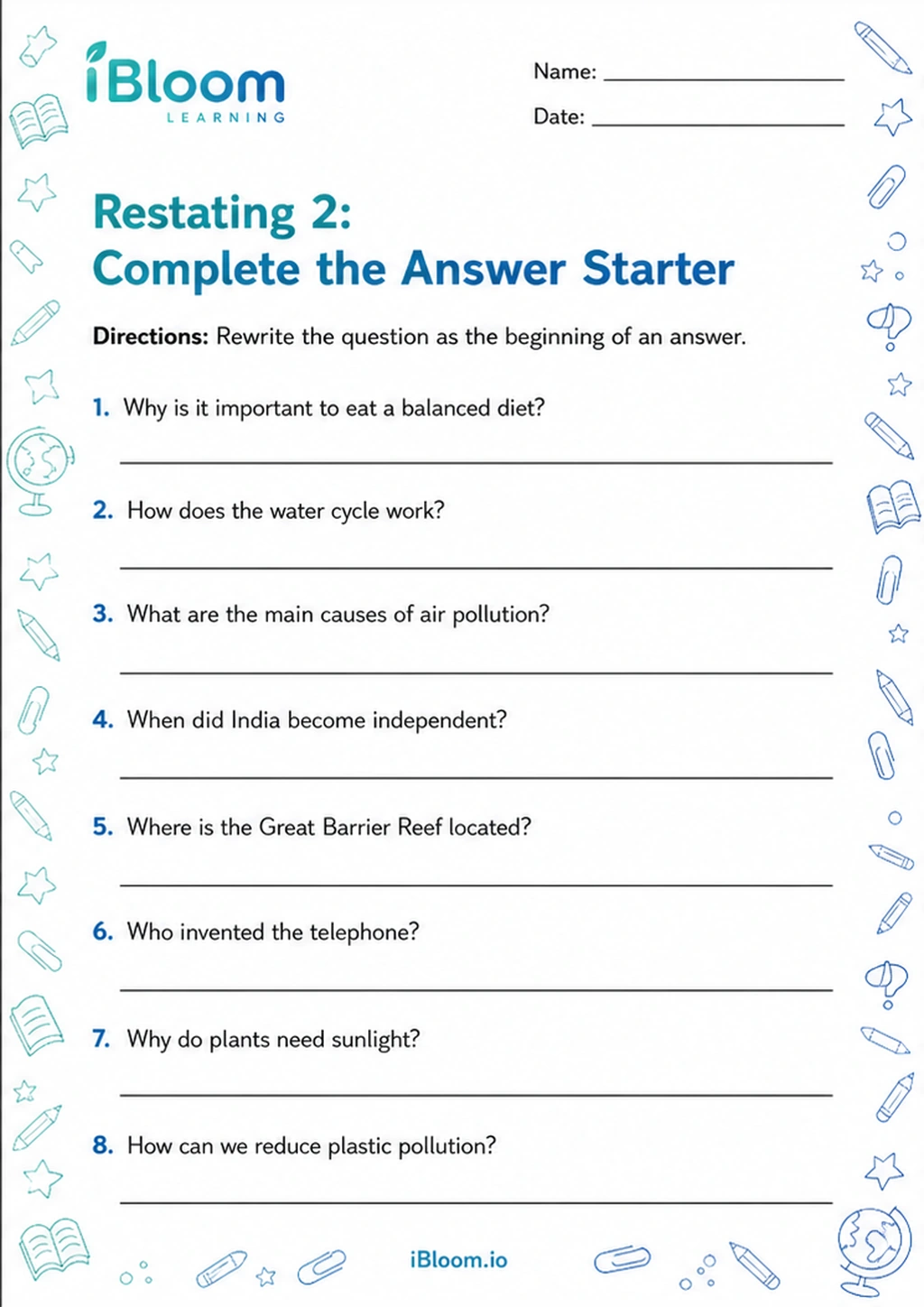 Preview of Restating 2: Complete the Answer Starter worksheet