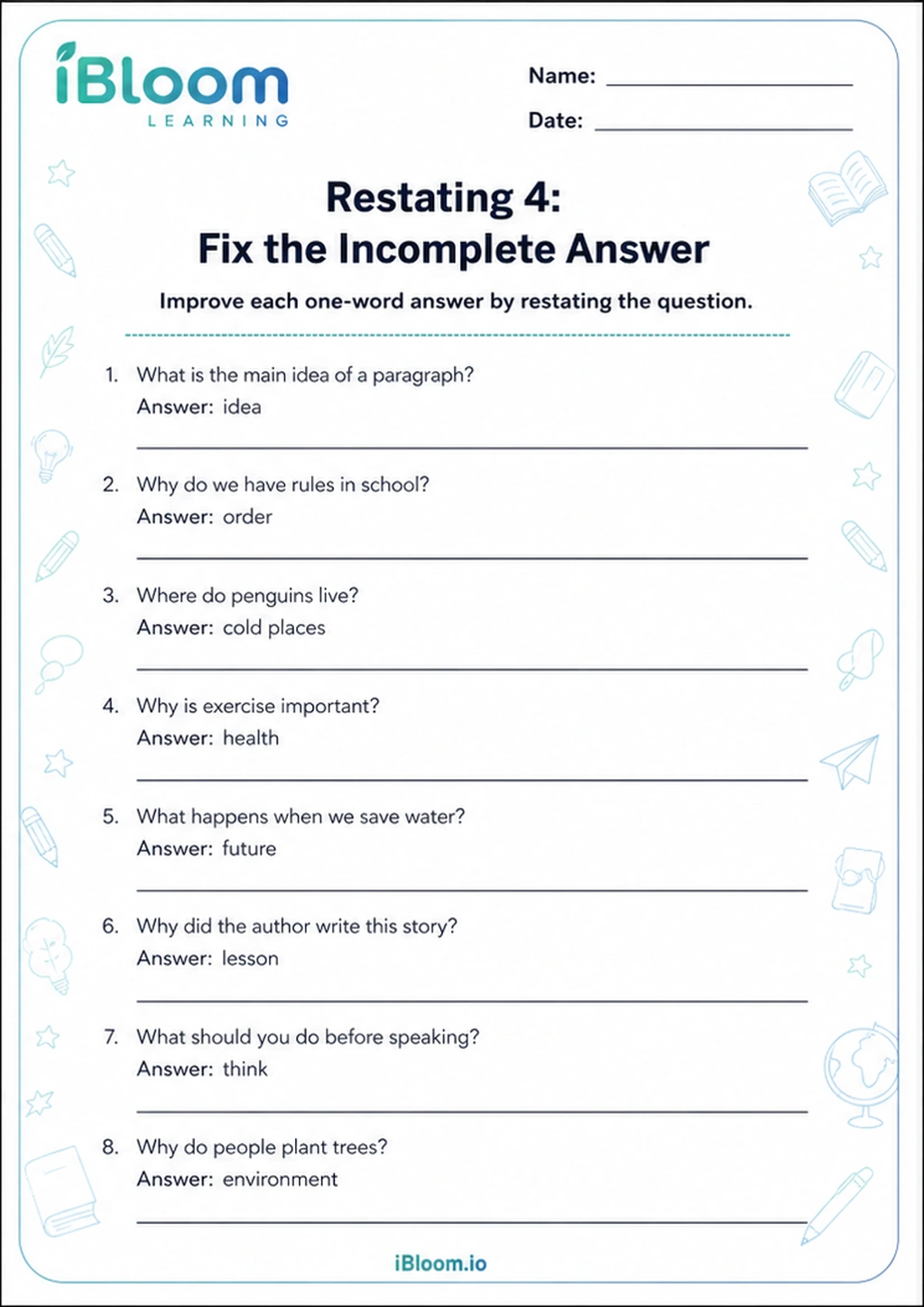 Restating 4: Fix the Incomplete Answer printable Class 4 worksheet