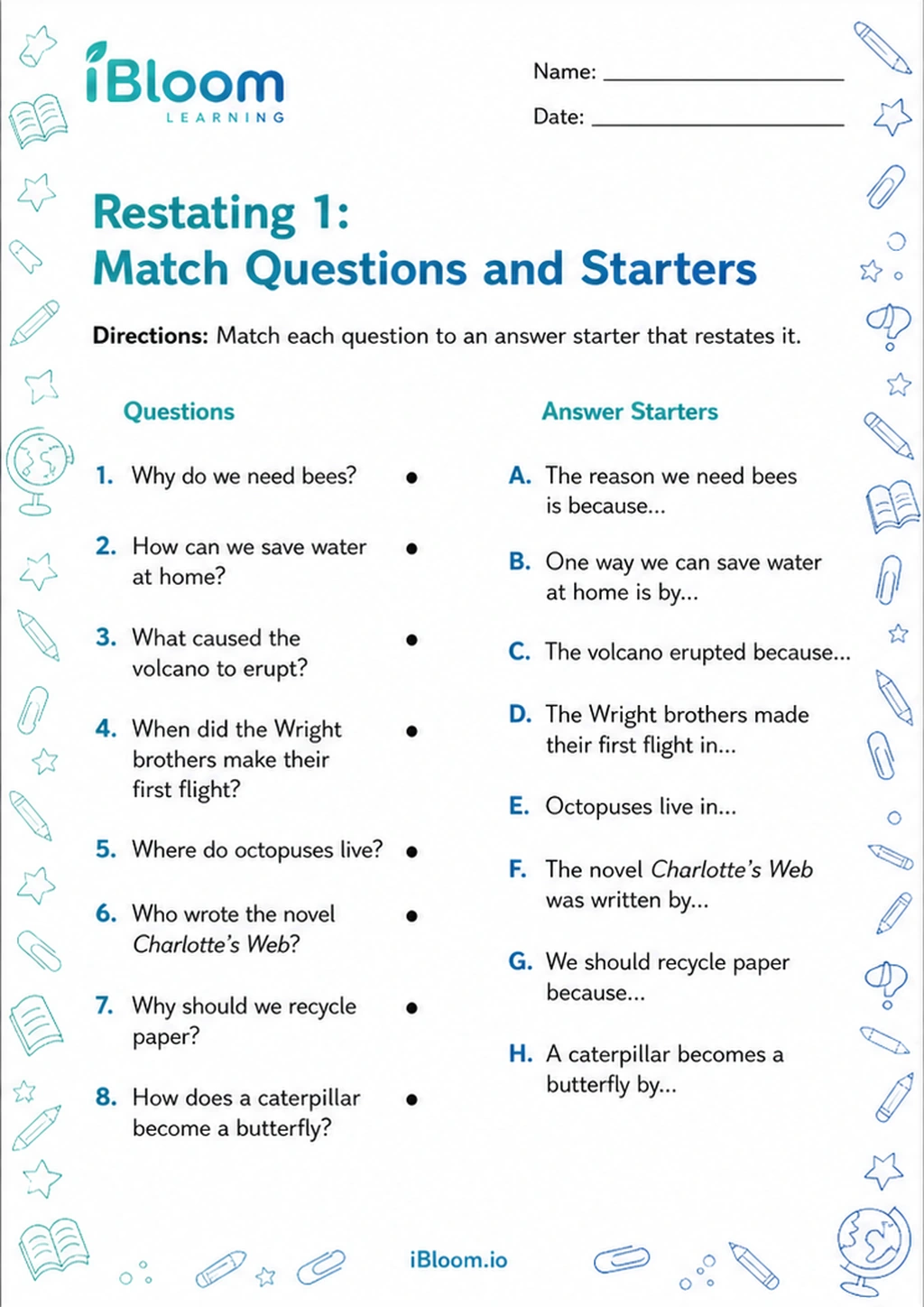 Preview of Restating 1: Match Questions and Starters worksheet