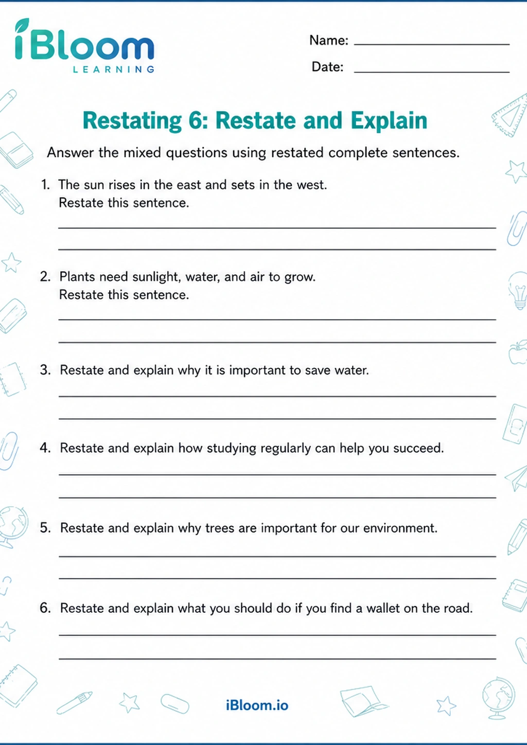 Restating 6: Restate and Explain printable Class 4 worksheet