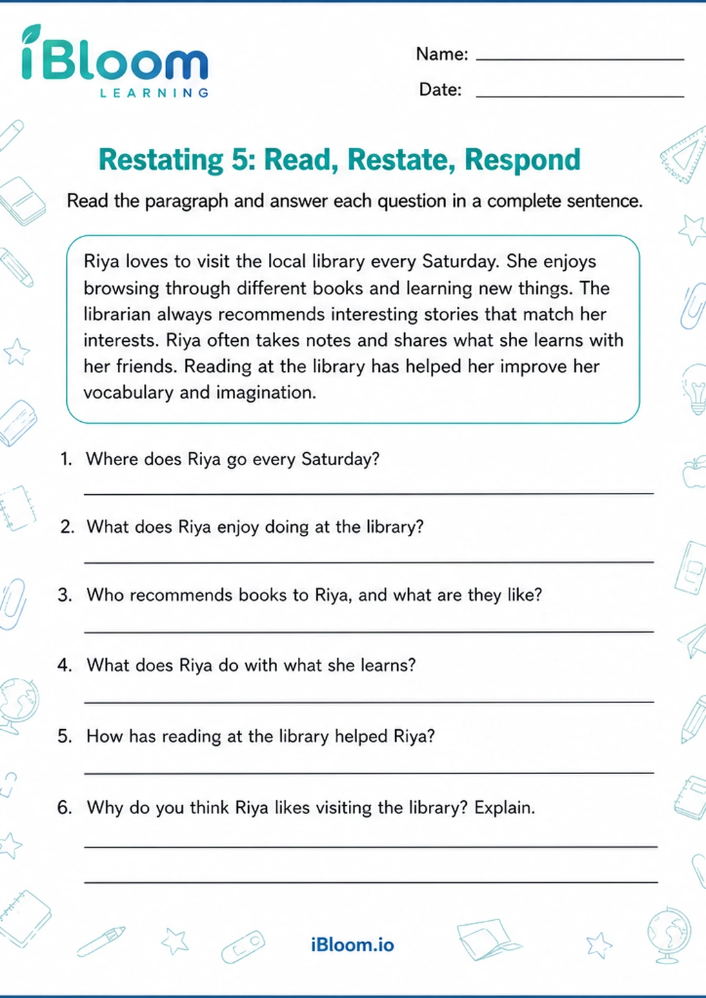 Restating 5: Read, Restate, Respond printable Class 4 worksheet