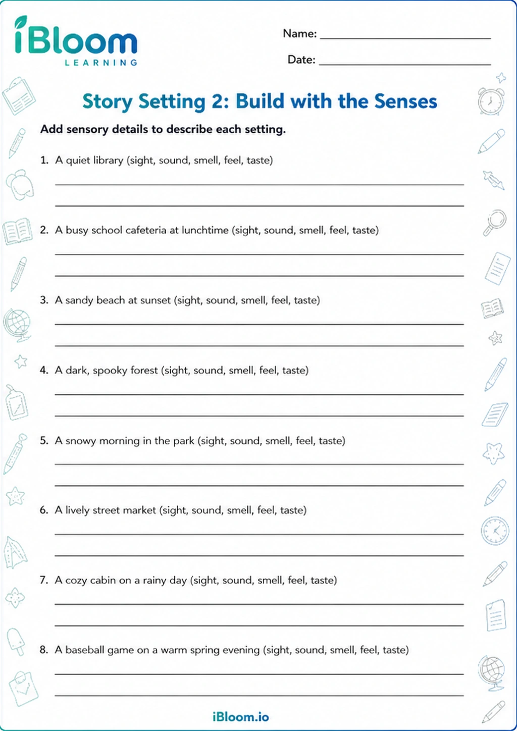 Story Setting 2: Build with the Senses printable Class 5 worksheet