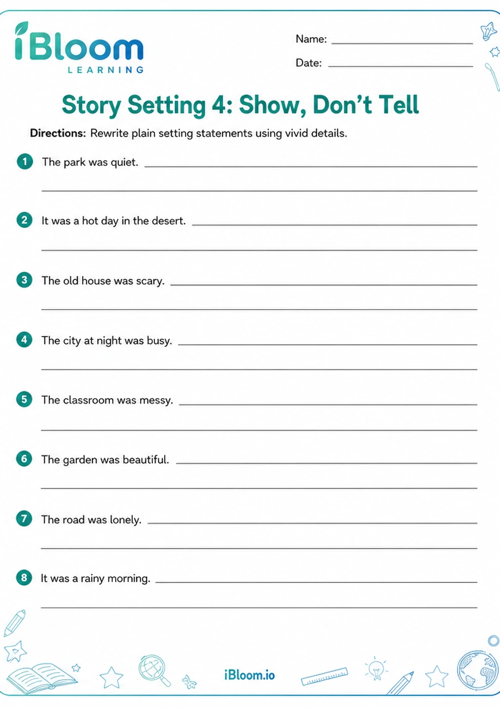 Story Setting 4: Show, Don’t Tell printable Class 5 worksheet