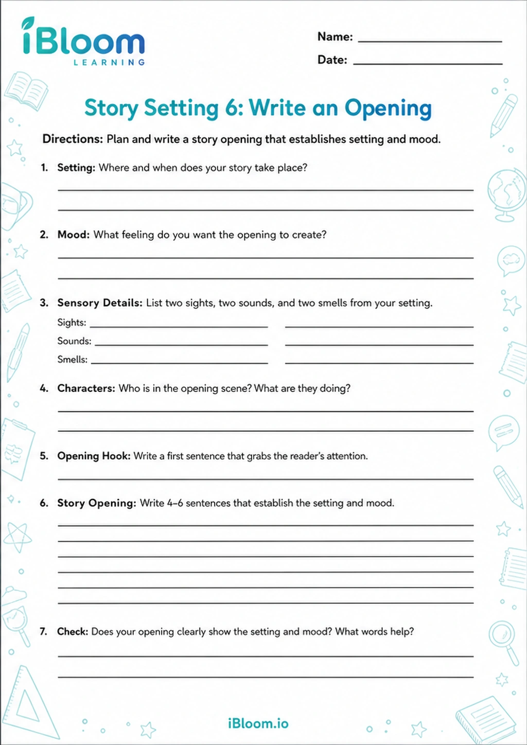 Preview of Story Setting 6: Write an Opening worksheet