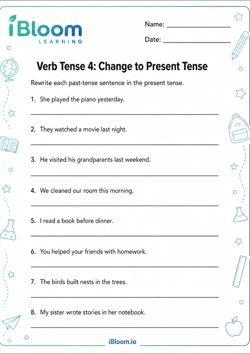 Verb Tense 4: Change to Present Tense printable Class 3 worksheet